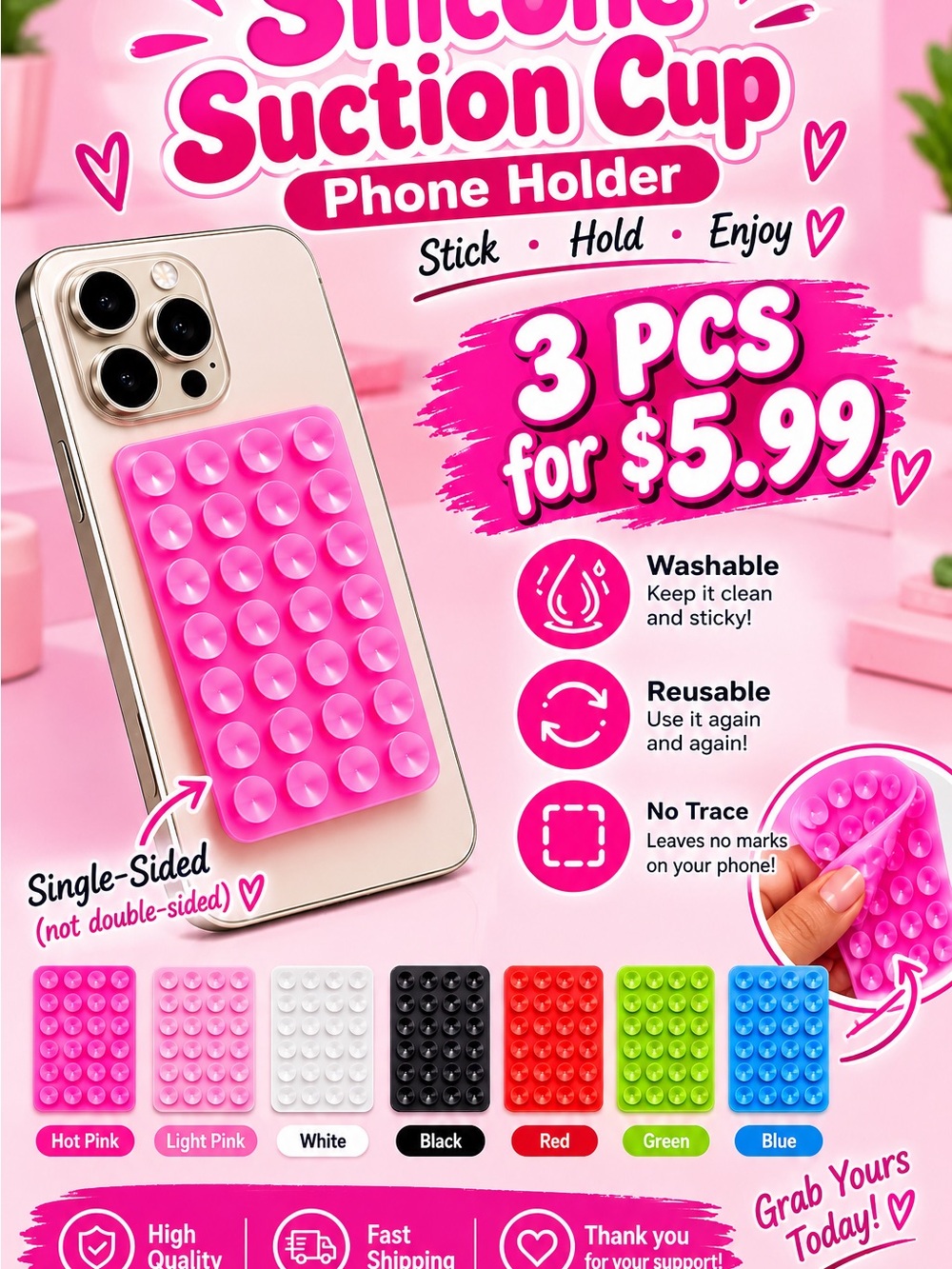 3PCS Silicone Suction Cup Phone Holder – Pink | $5.99 💕
